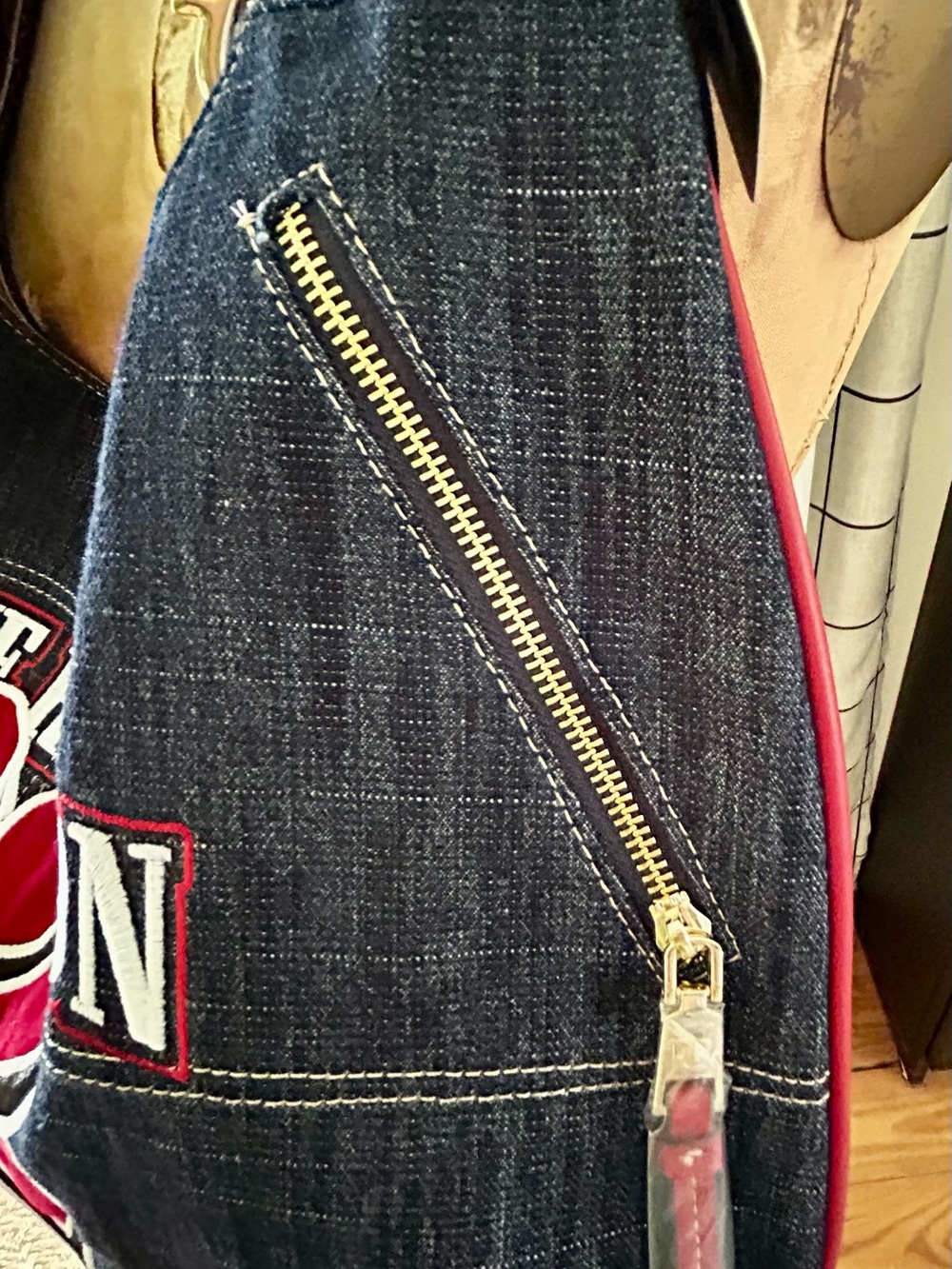 True Religion Dark Blue Denim Shoulder Bag with Red Accents - Picture 3 of 7